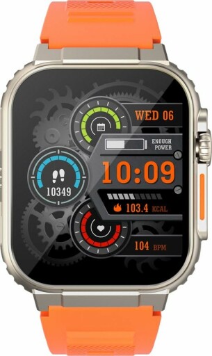 Oranje smartwatch met vierkant scherm en rubberen band