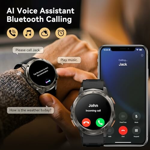 Smartwatch en smartphone met AI spraakassistent en Bluetooth oproepfunctie.