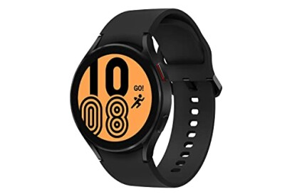 Zwarte smartwatch met oranje scherm en sportpictogram