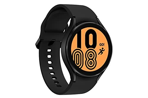 Zwarte smartwatch met oranje scherm en tijdweergave