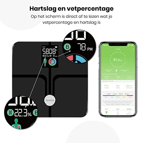 Digitale weegschaal met smartphone-app voor hartslag en vetpercentage.