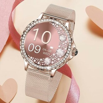 Stijlvolle roségouden smartwatch met diamanten en mesh band