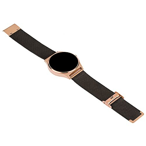 Elegante smartwatch met gouden kast en zwart bandje.