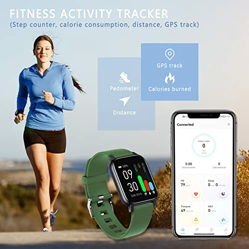 Vrouw jogt met fitness-activity-tracker en smartphone-app