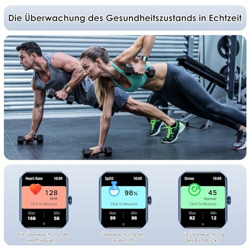 Man en vrouw doen push-ups in sportschool met smartwatches