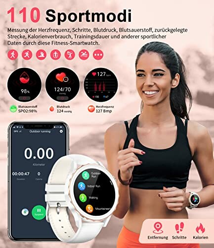 Vrouw met smartwatch en sportmodi.