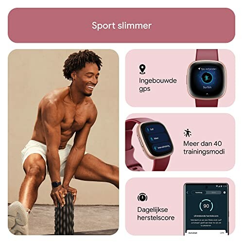 Man traint met smartwatch en laat functies zien zoals ingebouwde GPS en trainingsmodi.