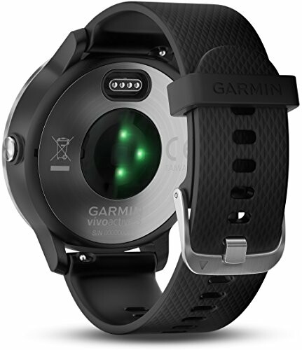 Achterkant van een Garmin smartwatch met hartslagmeter.