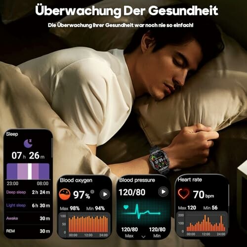 Man slaapt met smartwatch die gezondheidsgegevens weergeeft.