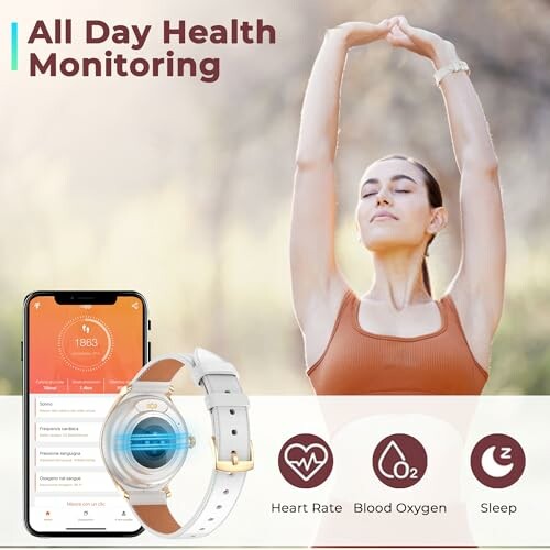 Vrouw doet yoga met smartwatch voor gezondheidsmonitoring.