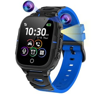 Kindersmartwatch met camera's en blauw bandje.