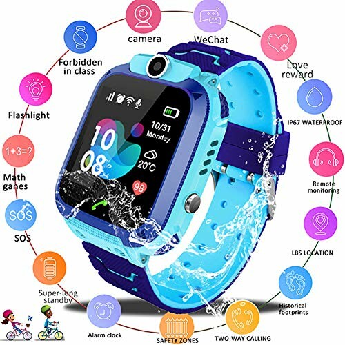 Blauwe kinder smartwatch met functies en waterdruppels