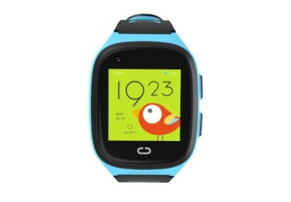 Kinder smartwatch met blauwe band en cartoon vogel op scherm