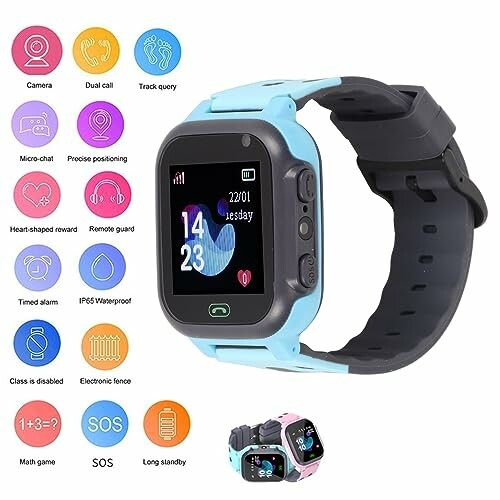 Kindersmartwatch met verschillende functies en blauw-zwarte band