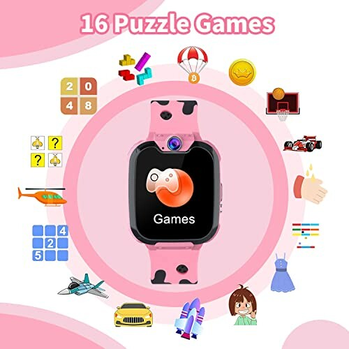 Roze smartwatch met puzzelspellen voor kinderen.