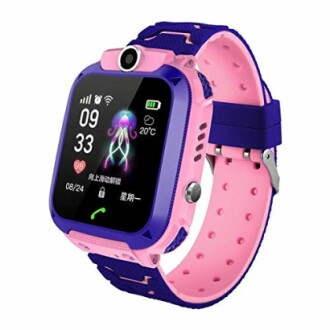 Kindersmartwatch in paars en roze met touchscreen en camera.