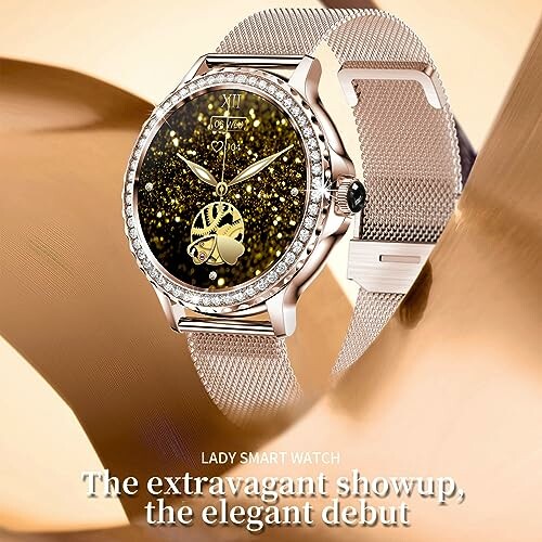 Luxe dames smartwatch met gouden wijzerplaat en diamanten rand