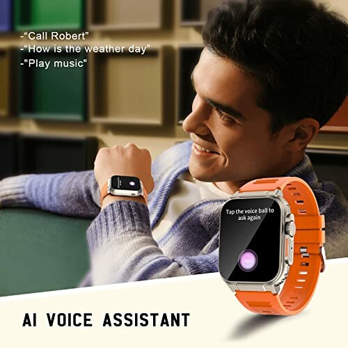 Man kijkt naar oranje smartwatch met AI spraakassistent.