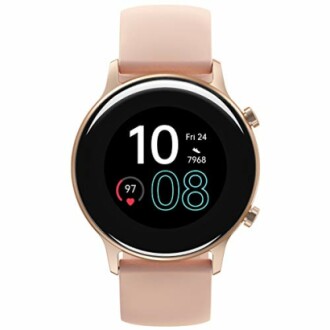 Moderne smartwatch met roze band en digitaal display.