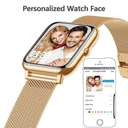 Gouden smartwatch met gepersonaliseerde wijzerplaat en smartphone-app.