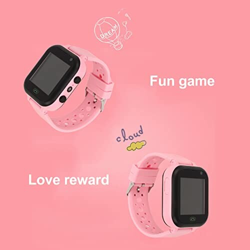 Roze smartwatch voor kinderen met spelletjes en beloningsfuncties.