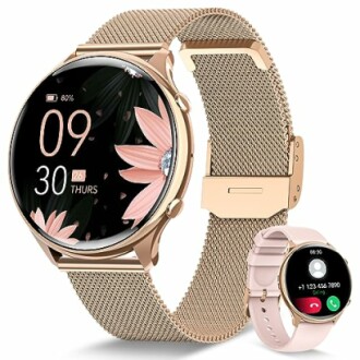 Rose goud smartwatch met bloemen op scherm.