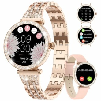 Stijlvolle roségouden smartwatch met diamantband en verschillende schermen.