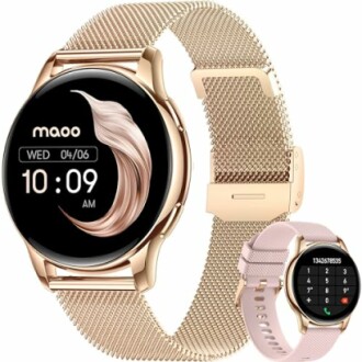 Roze-gouden smartwatch met metalen band en digitaal display.