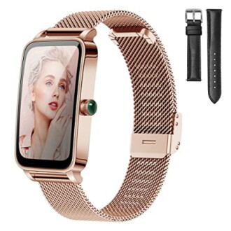 Roségouden smartwatch met mesh band en extra lederen band