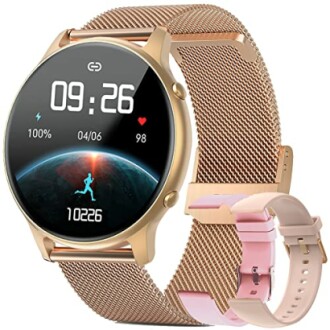 Rosegouden smartwatch met extra band en gezondheidsfuncties.