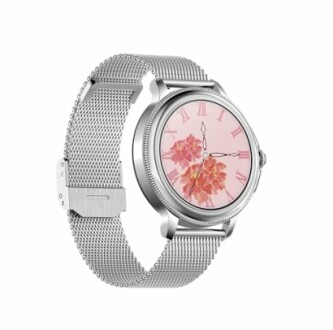 Zilveren horloge met bloemenontwerp op de wijzerplaat.