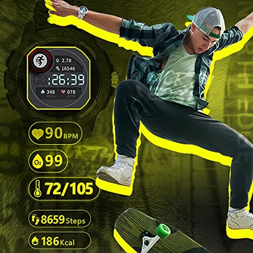 Jongeman doet een skateboardtruc met smartwatch gezondheidsstatistieken.