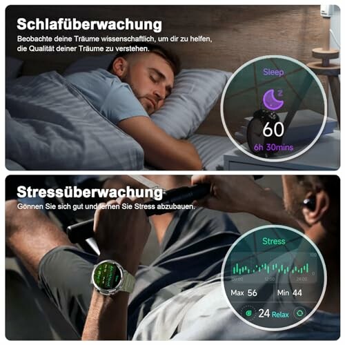 Man met smartwatch controleert slaap en stress.