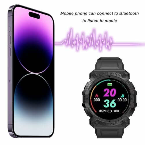 Smartphone en smartwatch verbonden via Bluetooth voor muziek.