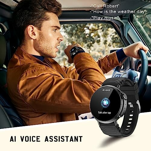 Man gebruikt smartwatch met AI spraakassistent in auto.