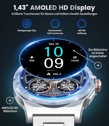 Smartwatch met 1,43-inch AMOLED HD-display en touchscreen.