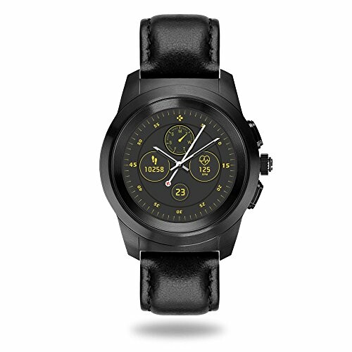 Smartwatch met zwart leren bandje en digitaal display.