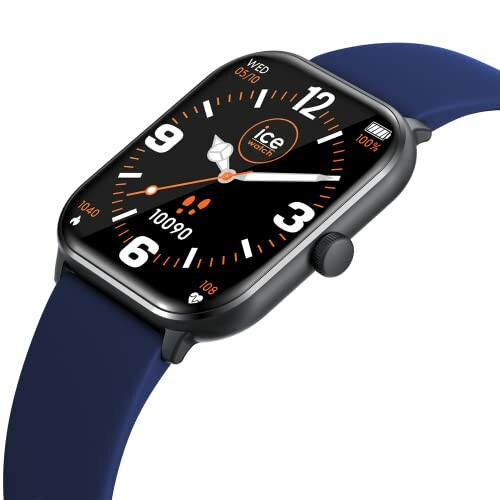 Smartwatch met blauw bandje en zwart scherm.