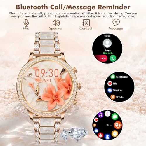 Smartwatch met bloemenontwerp en Bluetooth-functies.