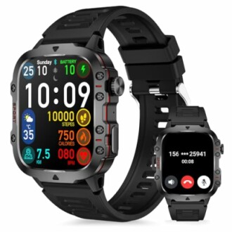 Twee smartwatches met kleurrijke displays en zwarte banden