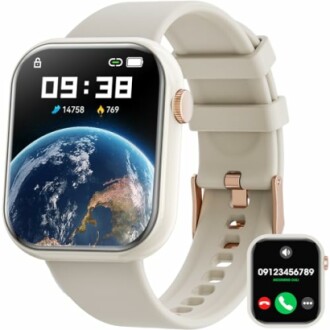 Smartwatch met wereldbol op display en oproepfunctie.