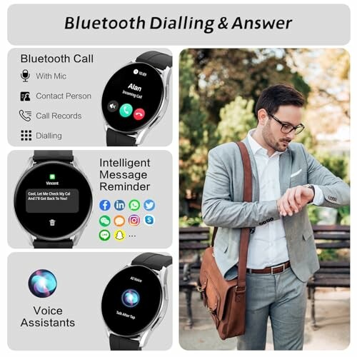 Man in pak met smartwatch, functies van Bluetooth bellen en spraakassistenten.