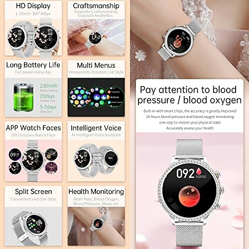 Smartwatch met HD-scherm, lange batterijduur, meerdere wijzerplaten en gezondheidsmonitoring.