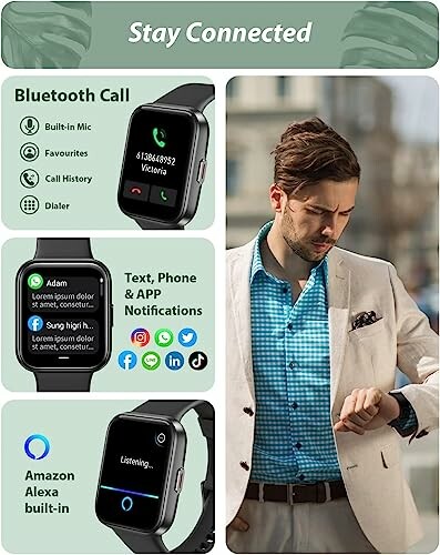 Man controleert tijd op smartwatch met Bluetooth-functies.