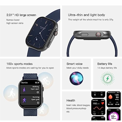 Smartwatch met grote scherm, lichte behuizing, sportmodi, spraakbesturing en lange batterijduur.