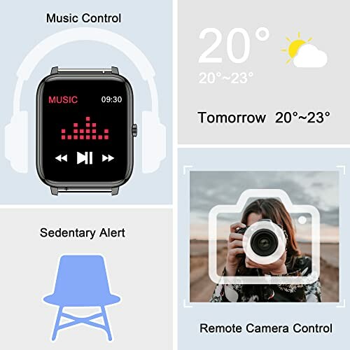 Smartwatch met muziekbediening, weersvoorspelling, zittende waarschuwing en camerabesturing.