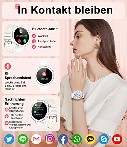 Vrouw draagt een smartwatch met functies weergegeven.