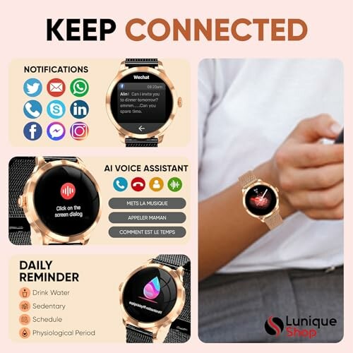 Afbeelding van een smartwatch met meldingen en AI-spraakassistent.