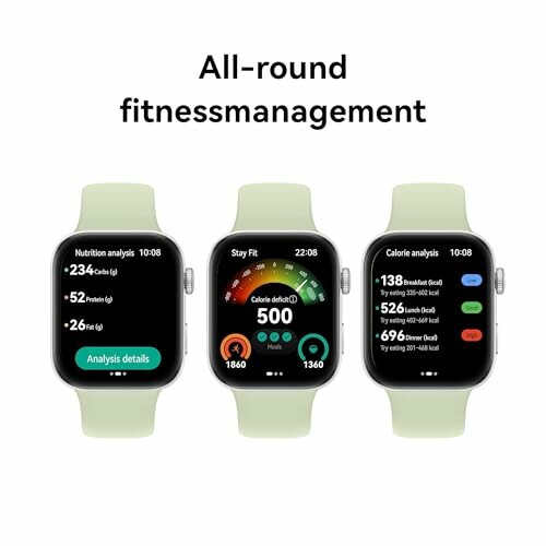 Drie smartwatches met fitnessgegevens op het scherm.