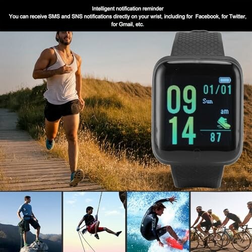 Smartwatch met sportieve levensstijl activiteiten zoals hardlopen, klimmen, surfen en fietsen